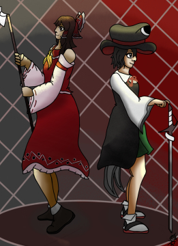 Fanart de Reimu Hakurei (Touhou) et Tsubakura Enraku (Len'en)